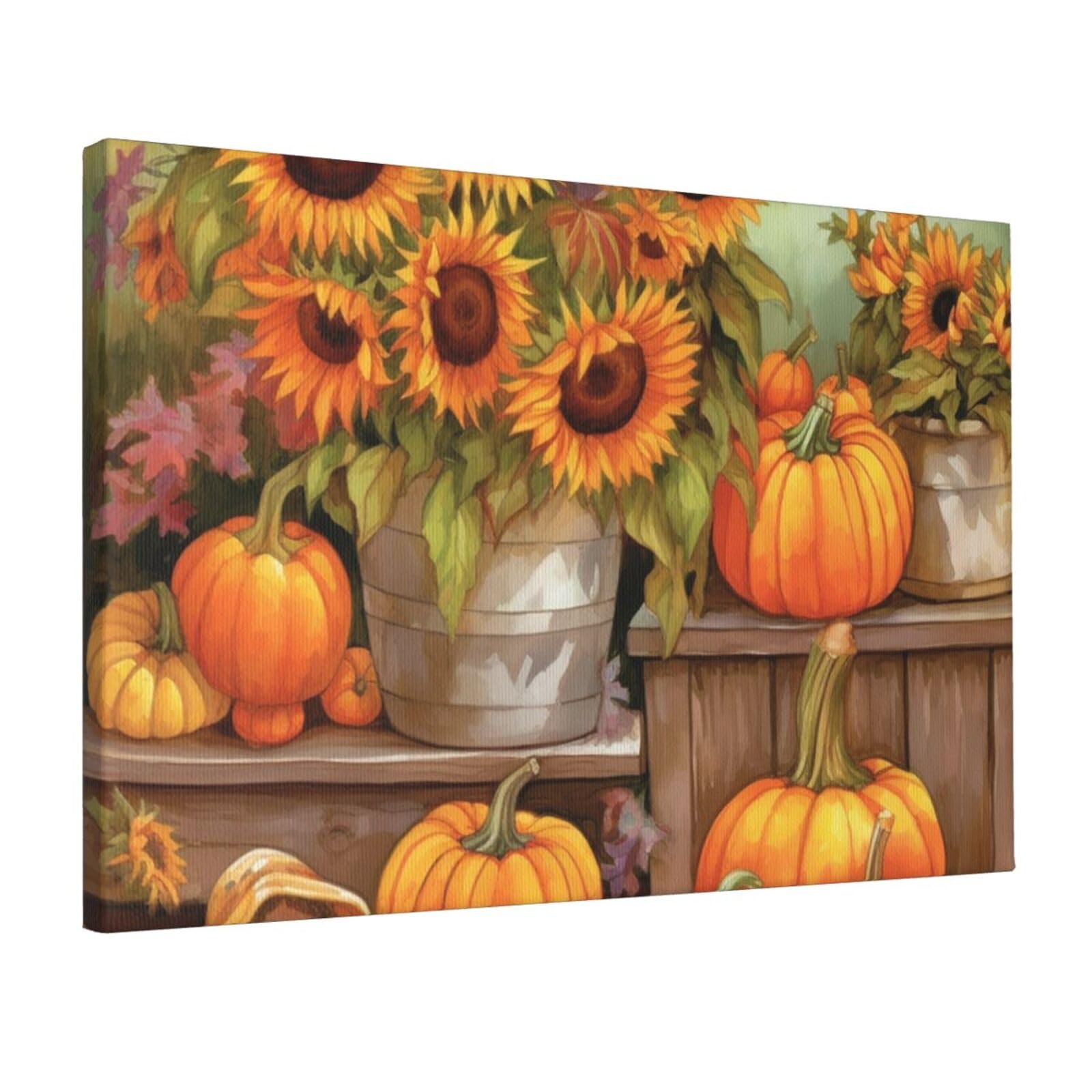 Canvas Wall Art for Living Room Wall Decor 12"x18" Modern Artwork Painting Pictures Hanging Canvas Prints Autumn Sunflowers Pumpkins Aesthetic Wall Art for Bedroom Bathroom Office Wallart Decor