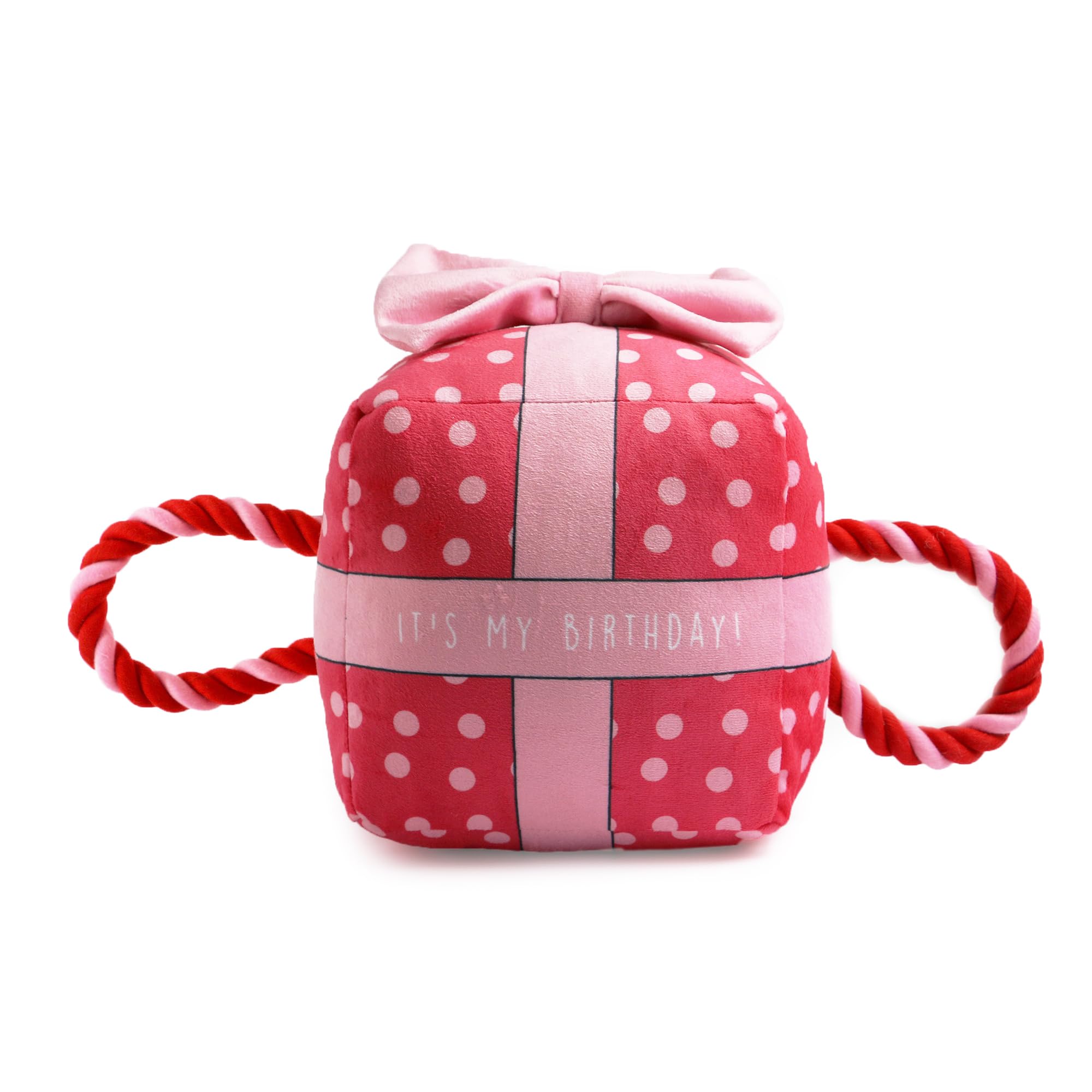 Ancol Its My Birthday Squeaky Soft Toy for Dogs in Pink, 45 cm, Puppy Present Box Plush with Rope Handles and Bow - Large