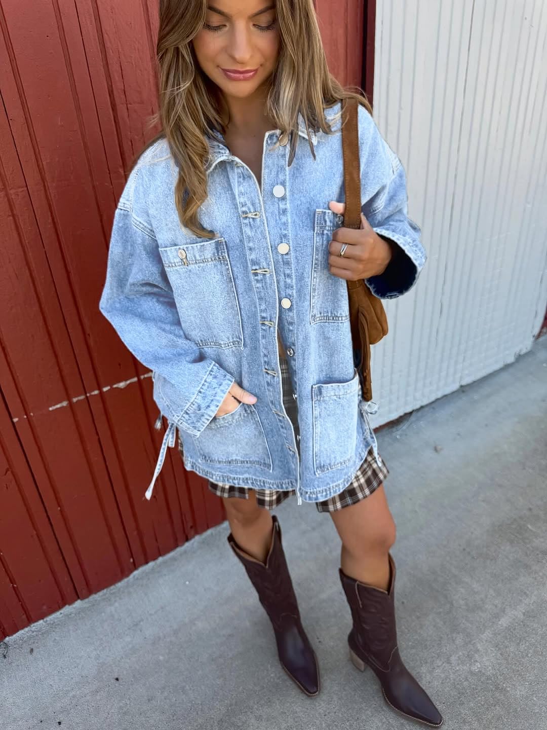 PHISOCKAT Side Tie Bow Jean Jacket Oversized Denim Jacket for Women Button Down Denim Jackets with Pockets 2025 - Image 4