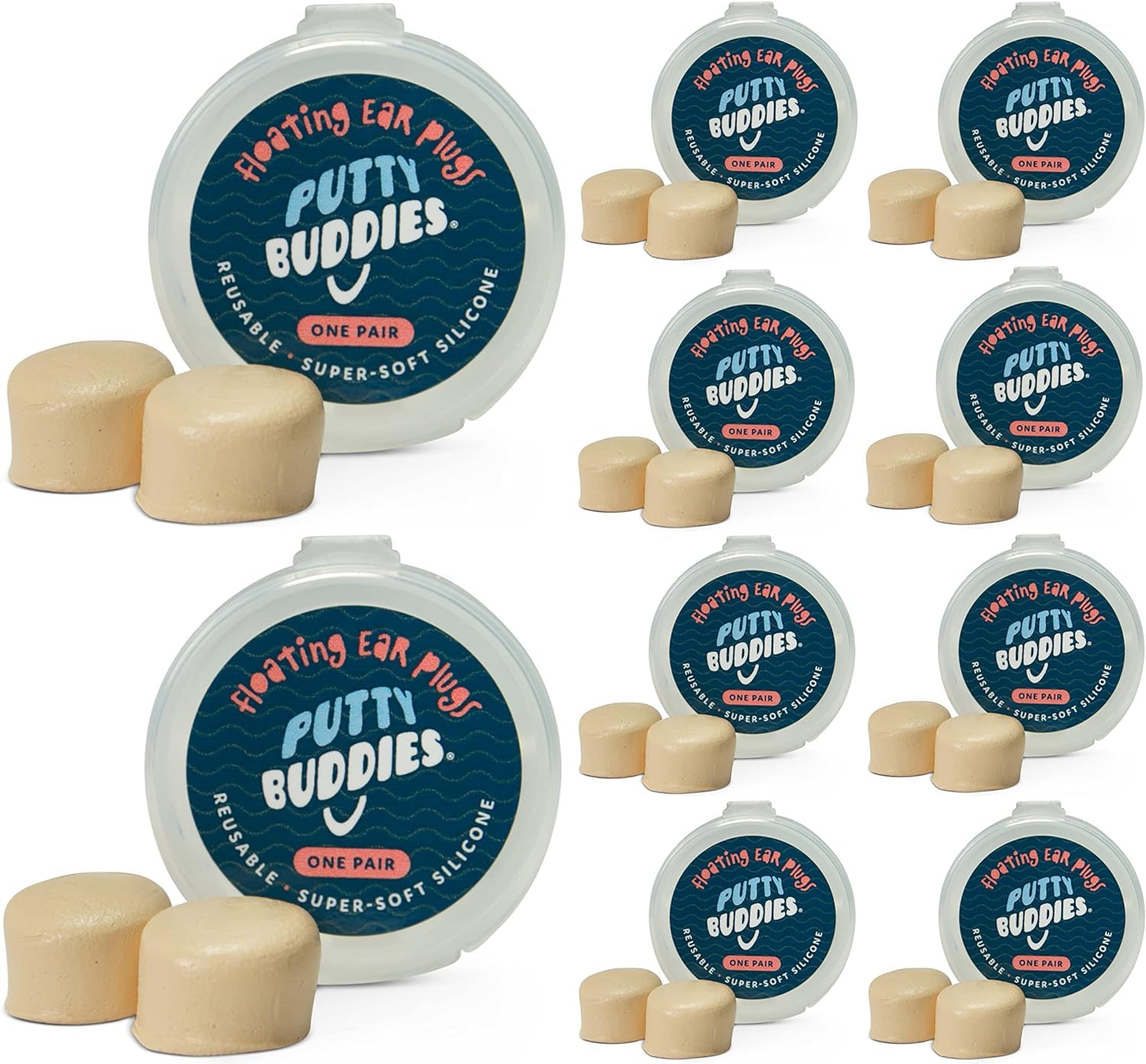 Earvolution Floating Putty Buddies Swim Earplugs - Made in USA, Doctor-Invented Moldable Premium Silicone Plugs Help Prevent Swimmer's Ear, 10 Pair Pack - Tan