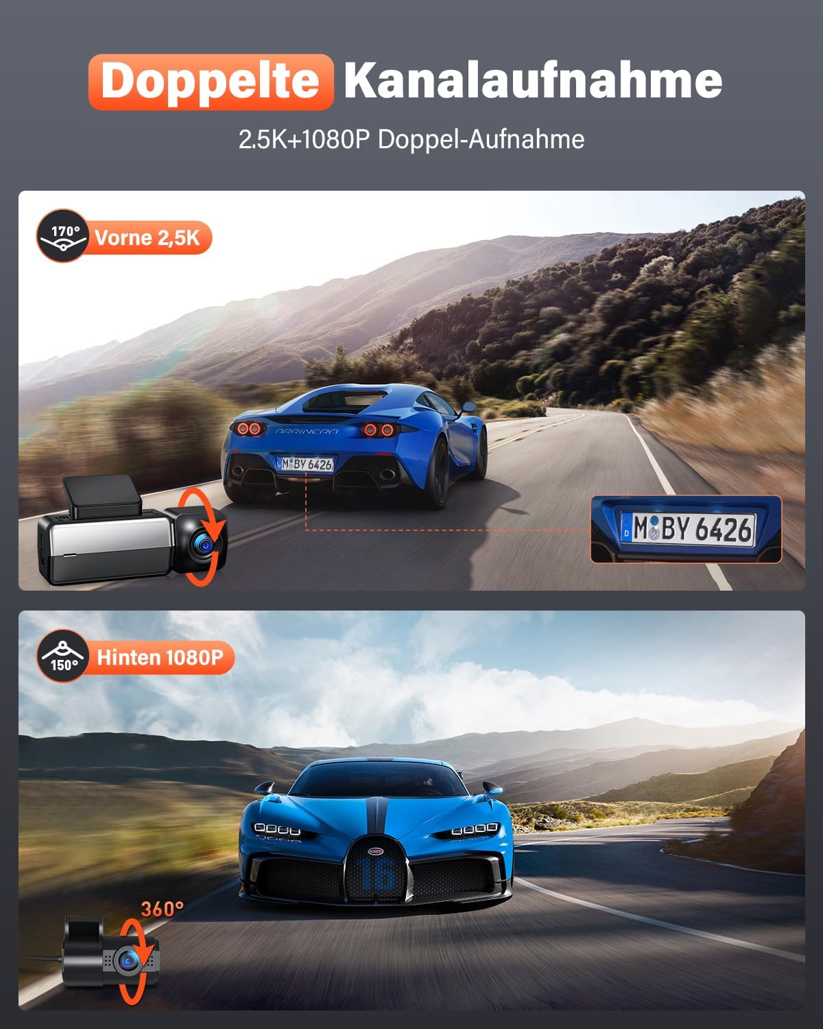 Image showing dual channel recording capabilities of the dash cam, with 2.5K front and 1080P rear views