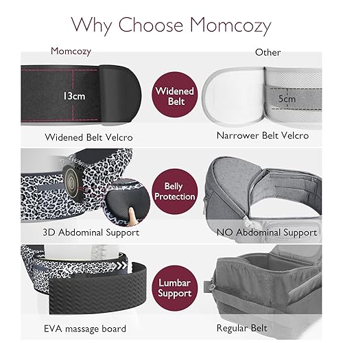Miniatura 7 de Momcozy Portabebés con asiento de cadera, cintura ajustable con protector de vientre 3D original, portabebés ergonómico con varios bolsillos para