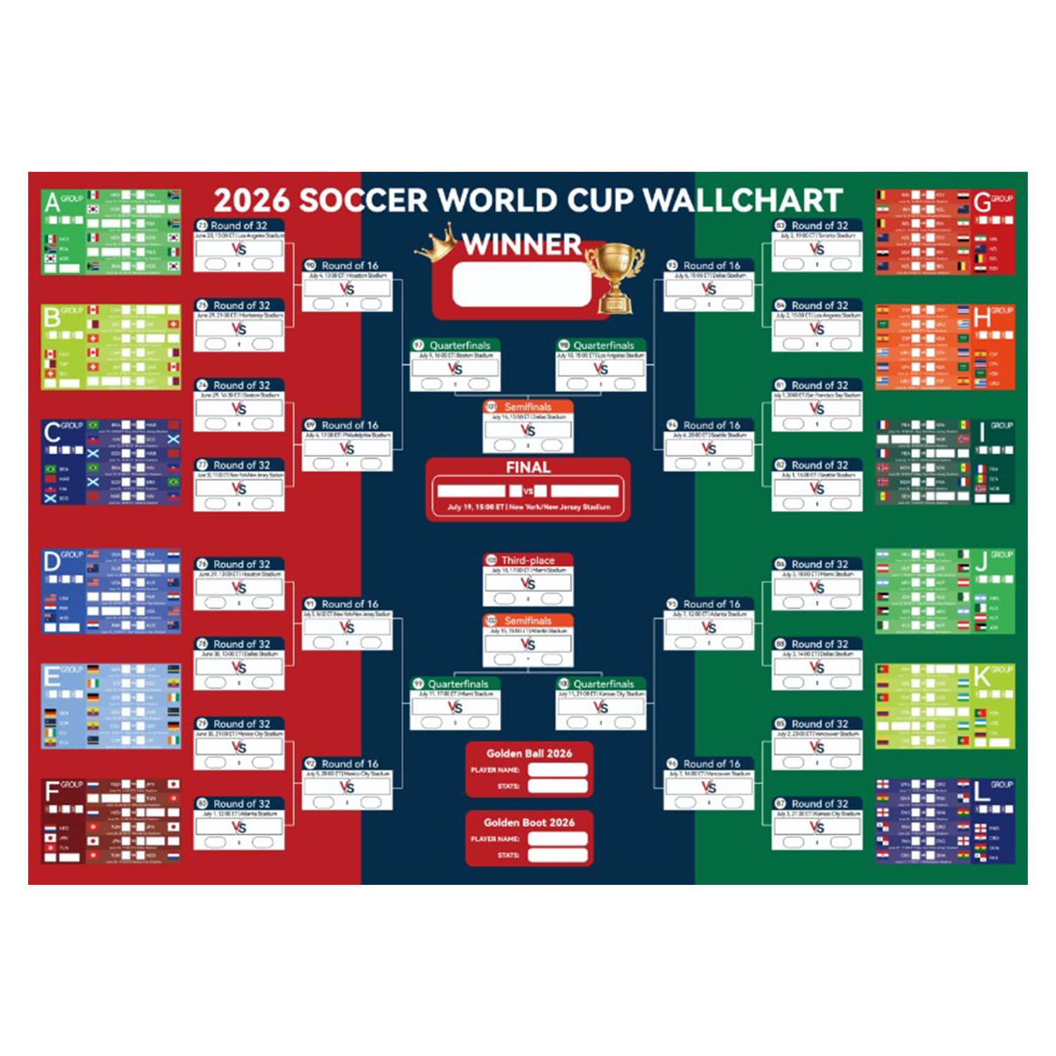 World Cup 2026 Wall Chart Kit Extra Large 110 x 30cm, 2PCS Football Schedule Poster with 600 Flag Stickers & Markers, Tournament Tracker Calendar Bracket Poster for Football Fans Party Decorations