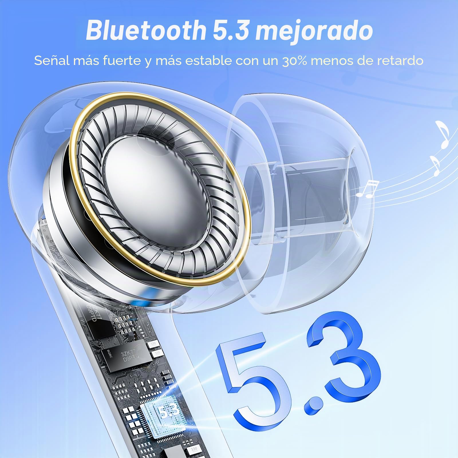 Auriculares Inalambricos Bluetooth Cascos Inalámbricos con HiFi Estéreo,4 Mic con Reducción de Ruido ENC,Bluetooth 5.3,48H Playtime,Impermeable IPX7,Pantalla Pantalla de energía LED Gris