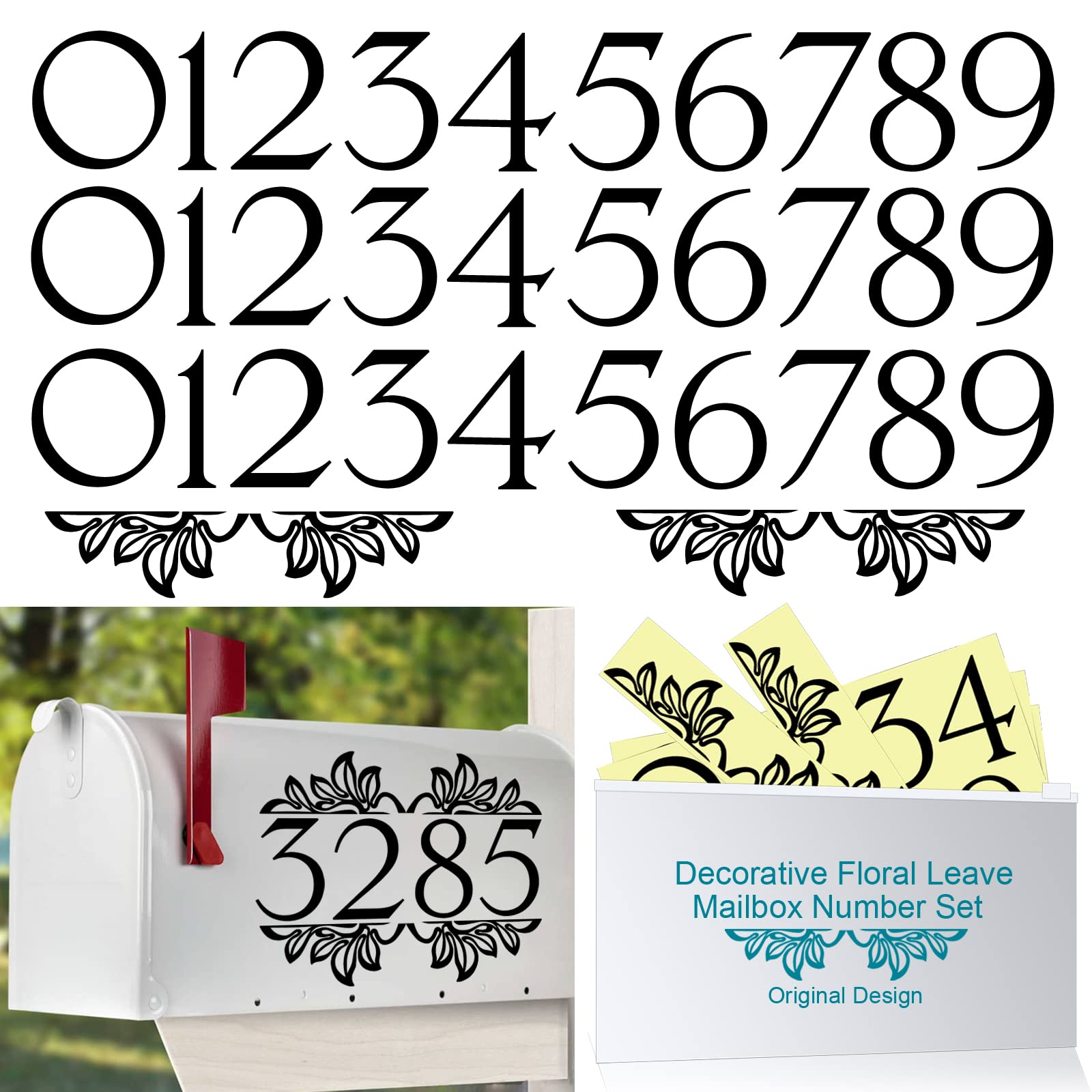 3 Inch Black Mailbox Numbers with Floral Leaves Sticker Set, Die Cut Easy Use Engineer Decals Address Number Waterproof Good Adhesive Vinyl for Door Curb Appeal, Sign, Mailbox, Locker, Garbage Bin