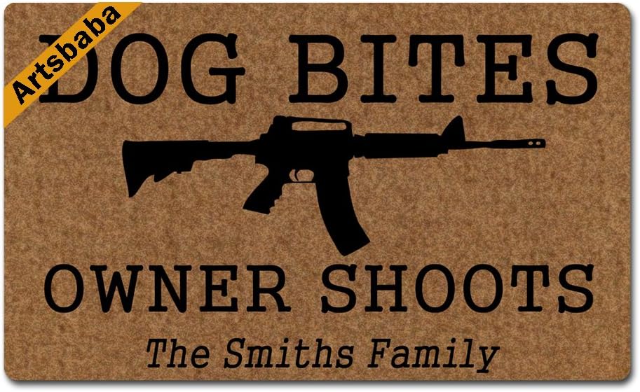 ArtsbabaDoormat Dog Bites Guns Owner Shoots Door Mat Monogram Non-Slip Doormat Non-Woven Fabric Floor Mat Indoor Entrance Rug Decor Mat 30 x 18 Inches