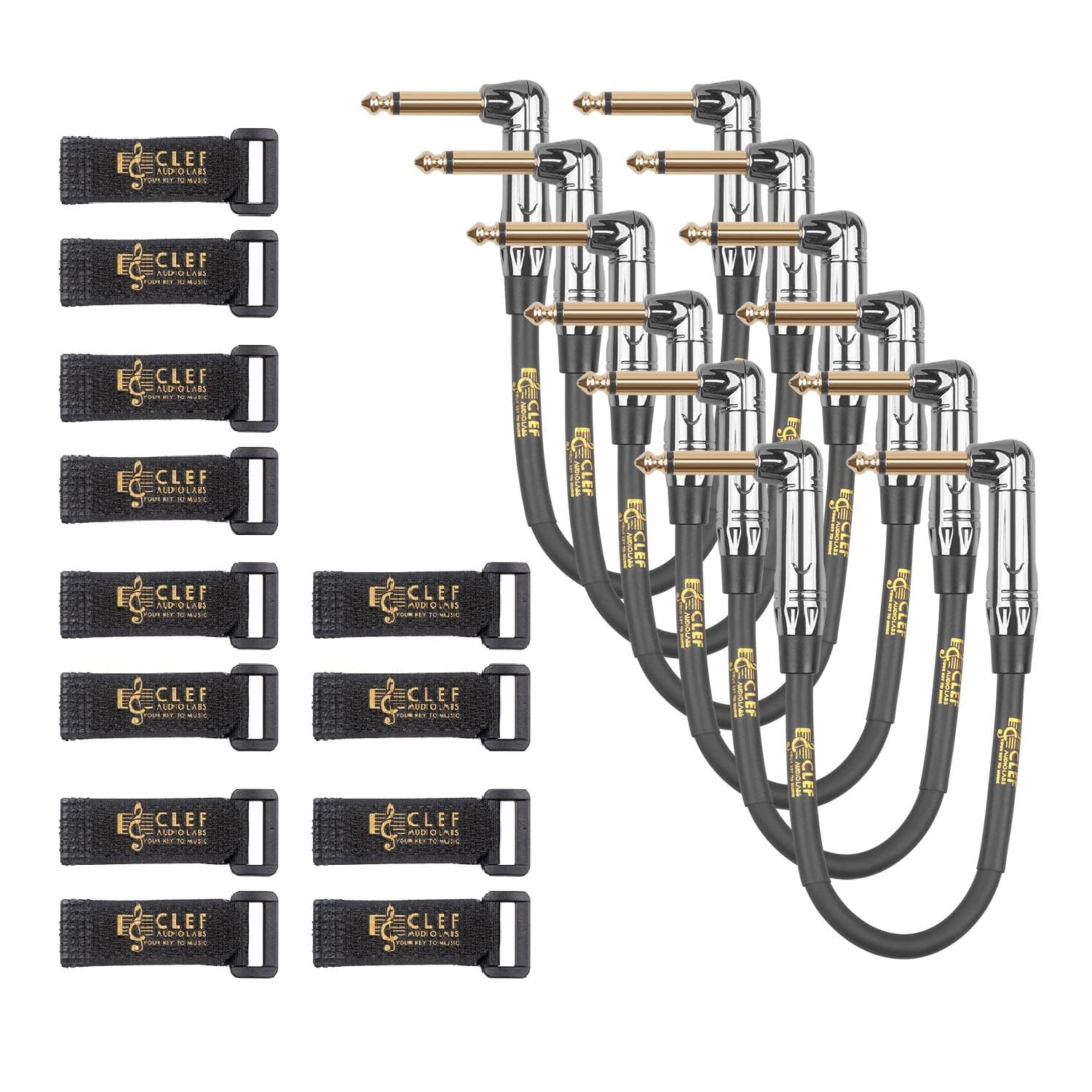 Guitar Patch Cable, 6 inch - 1/4 inch TS Right Angled Guitar Pedal Effects Instrument Cord, 22AWG, Chrome Zinc Alloy Shell, PVC Jacket - 6-Pack