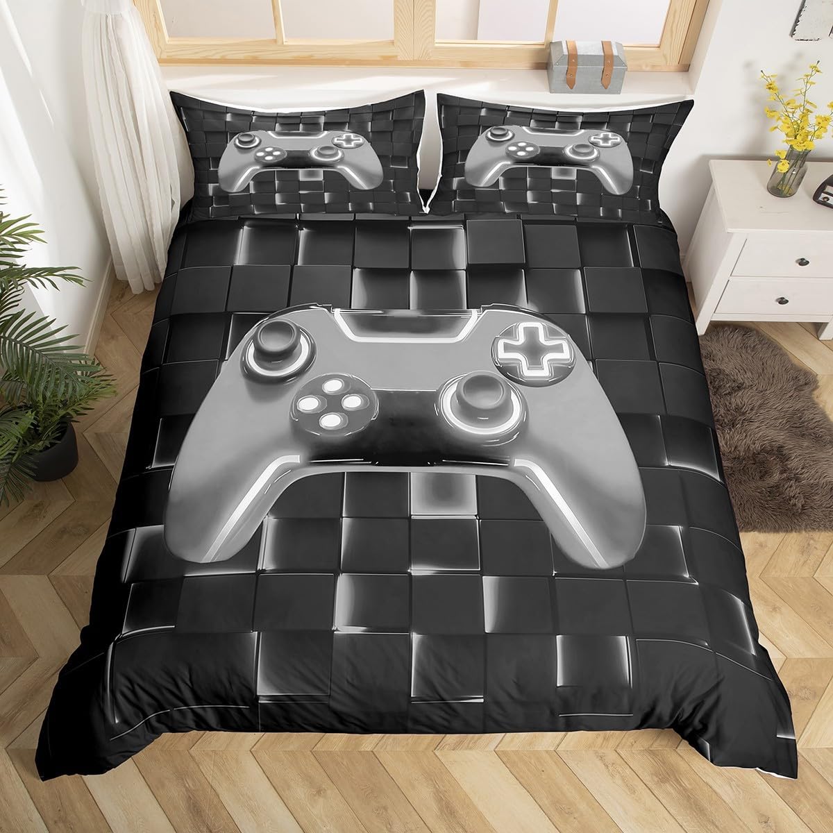 Castle Fairy Video Games Bedding Set Twin Size 2 Pcs,Honeycomb Gamepad Duvet Cover(No Filler) for Kids Teens Bedroom Decor,Modern Gamer Duvet Cover Set for Home Decoration