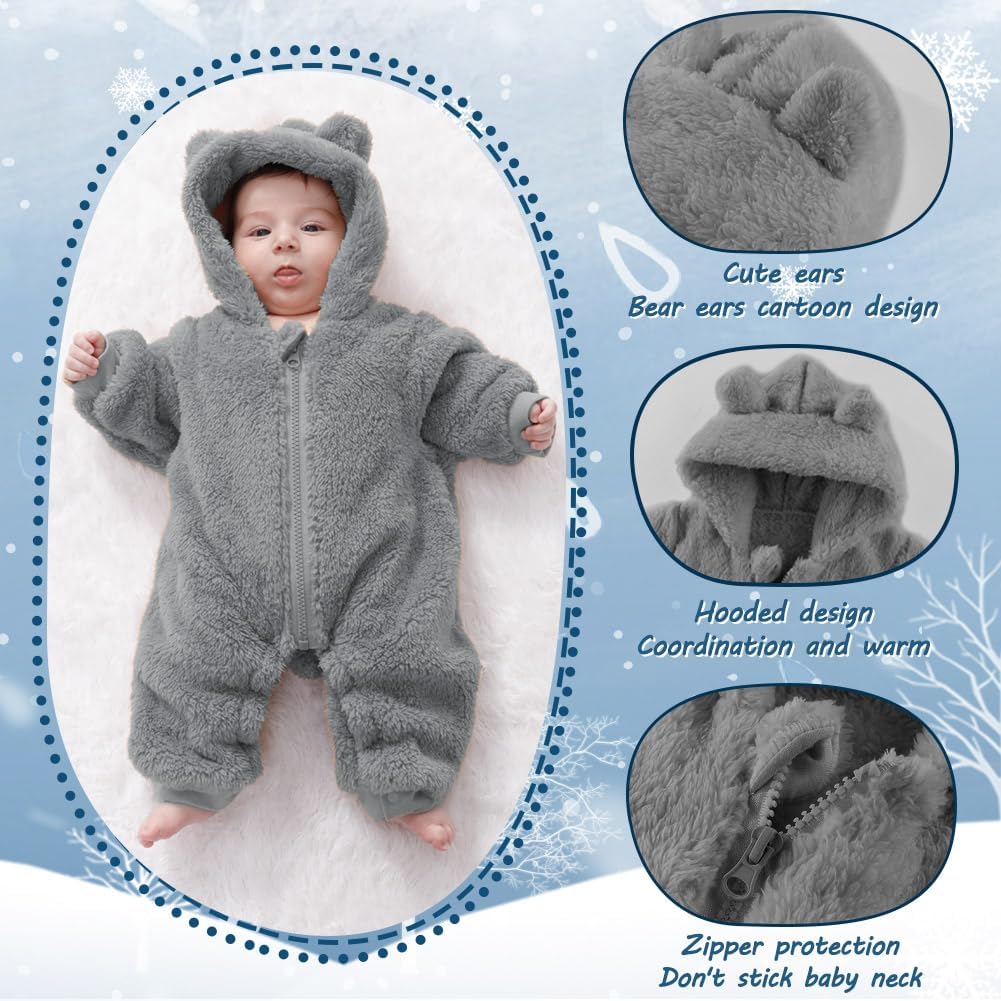 Newborn Baby Bear Outfit Suit Girls Boys Fleece Jumpsuit Romper Hooded Winter Snowsuit Clothes - Image 4
