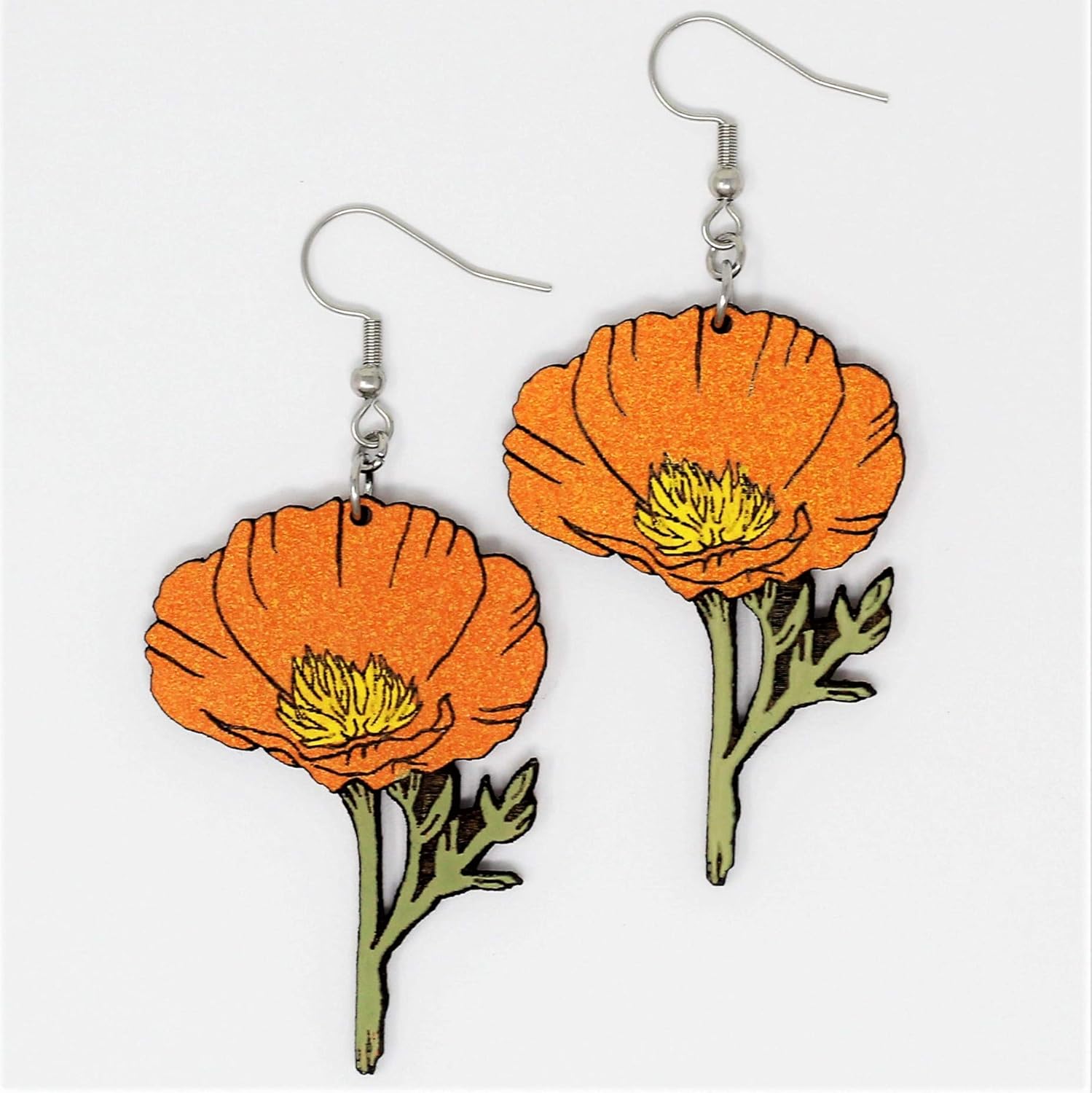 California Poppy Dangle Earrings | Hand-Painted Light-Weight Handmade Floral Drop Jewelry