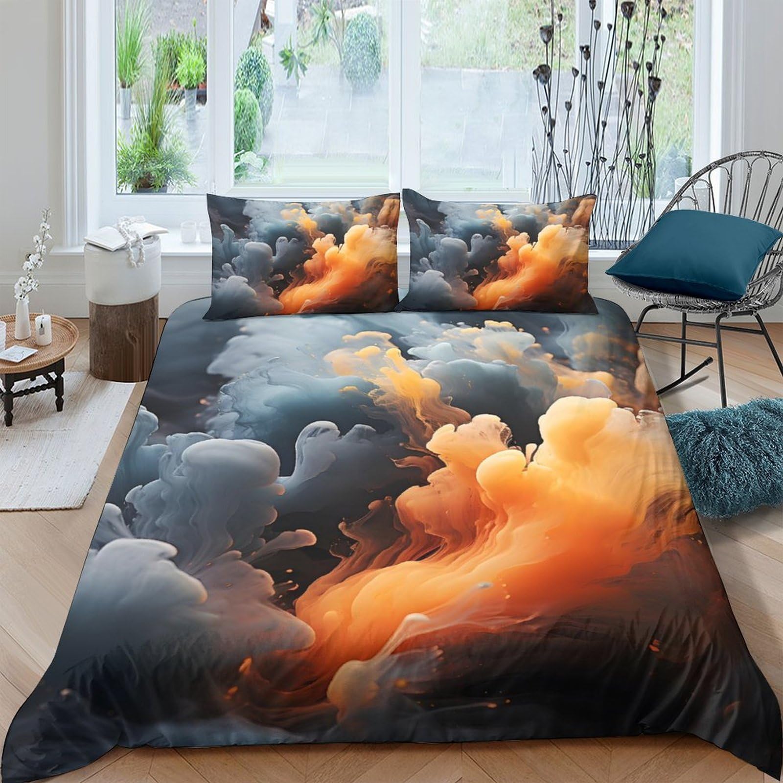 GPLZQXKJNH 3D Printed Orange Cloud Duvet Cover Microfiber Soft Breathable Storm Bedding Set with 2 Pillowcases for Bedroom Decor Single（135x200cm）
