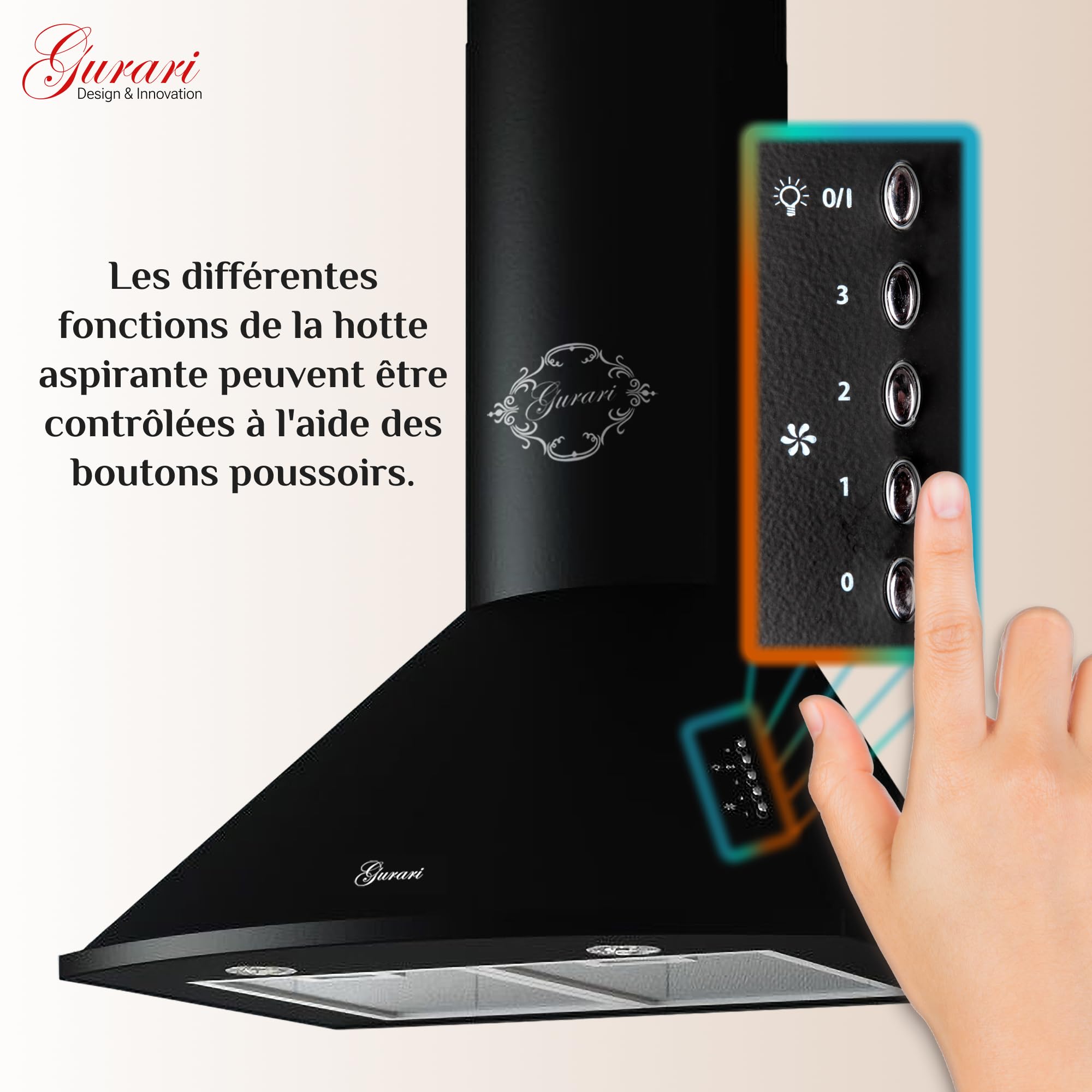 Gurari 046 Hotte aspirante murale 60 cm •1000m³/h•Hotte murale Luxe fabricant Gurari • 3 vitesses •1000m³/h •LED •Hotte Noir •Métal noir •Recirculation possible