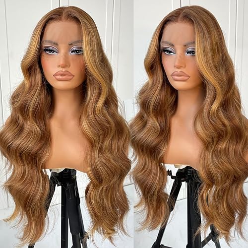 Peluca de encaje frontal sin pegamento con reflejos previamente despuntados, pelucas sintéticas listas para usar, peluca de encaje frontal rubio