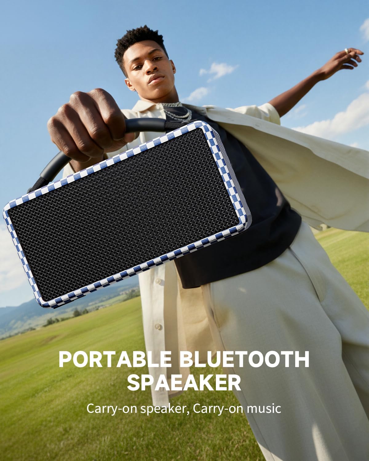 DINDIN Portable Bluetooth Speaker: 80W (Peak), 20H Playtime, Loud Wireless Wood Speakers with Bass, AUX and USB Input, Subwoofer, TWS Pairing, Vintage Speaker for Outdoor, Home, Office (Blue+White)