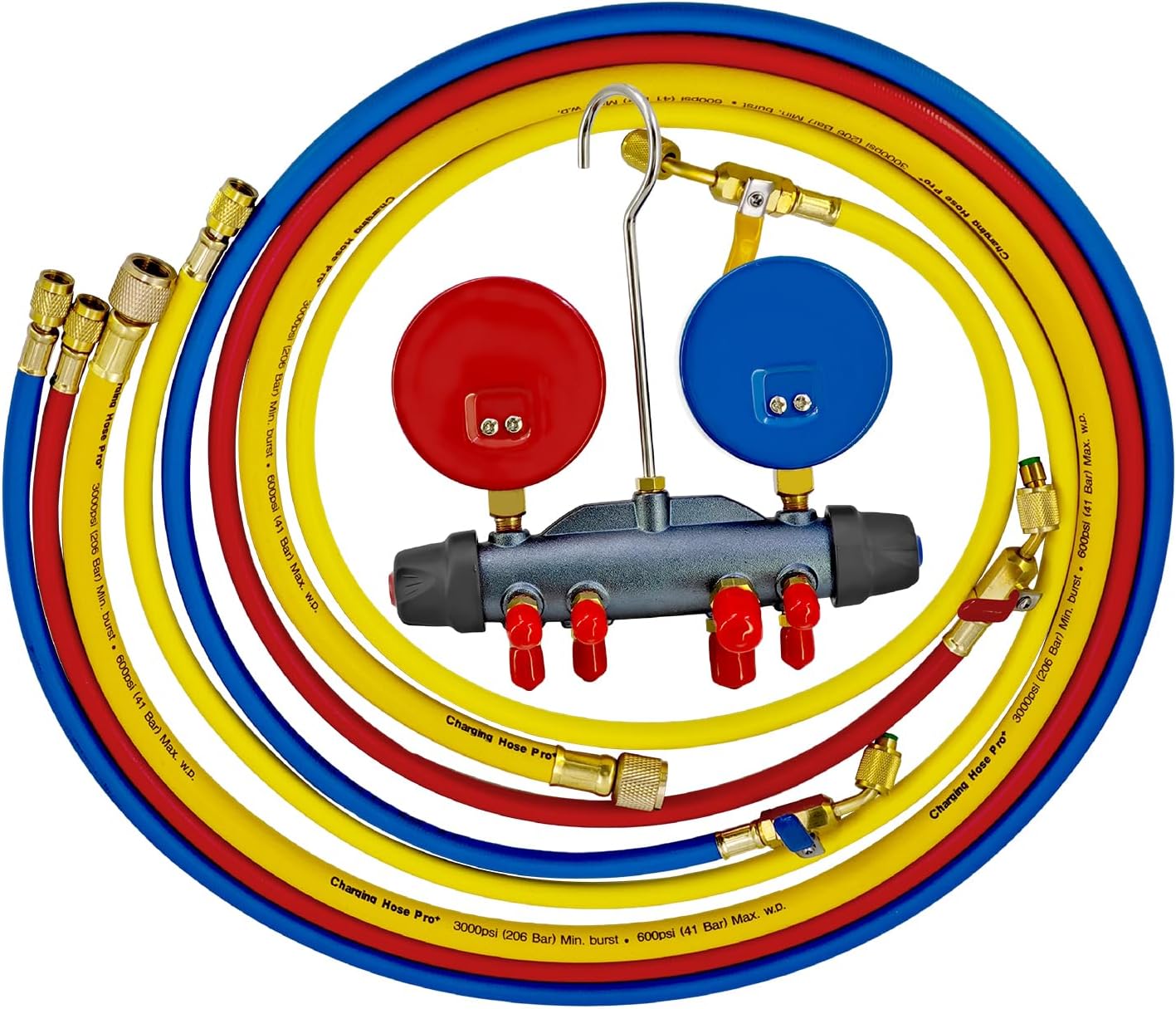 46013 4 Valve Charging Manifold Gauge with 60" Hoses for R404A/R410A/R22 | HVAC Manifold Gauge Set and 4-Valve Test with 3Pcs Hoses 1/4" Ball Valve Hose Set and 1 Pc 3/8" Vacuum Hose
