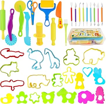Kleeblatt Dough Tools Set for Kids - 20 Pcs Playdough Kit with 9 Basic Dough Tools,9 Double-Headed Clay Carving Tools,8 molds & Cleaning Brush, Safe for Toddlers Ages 2-8