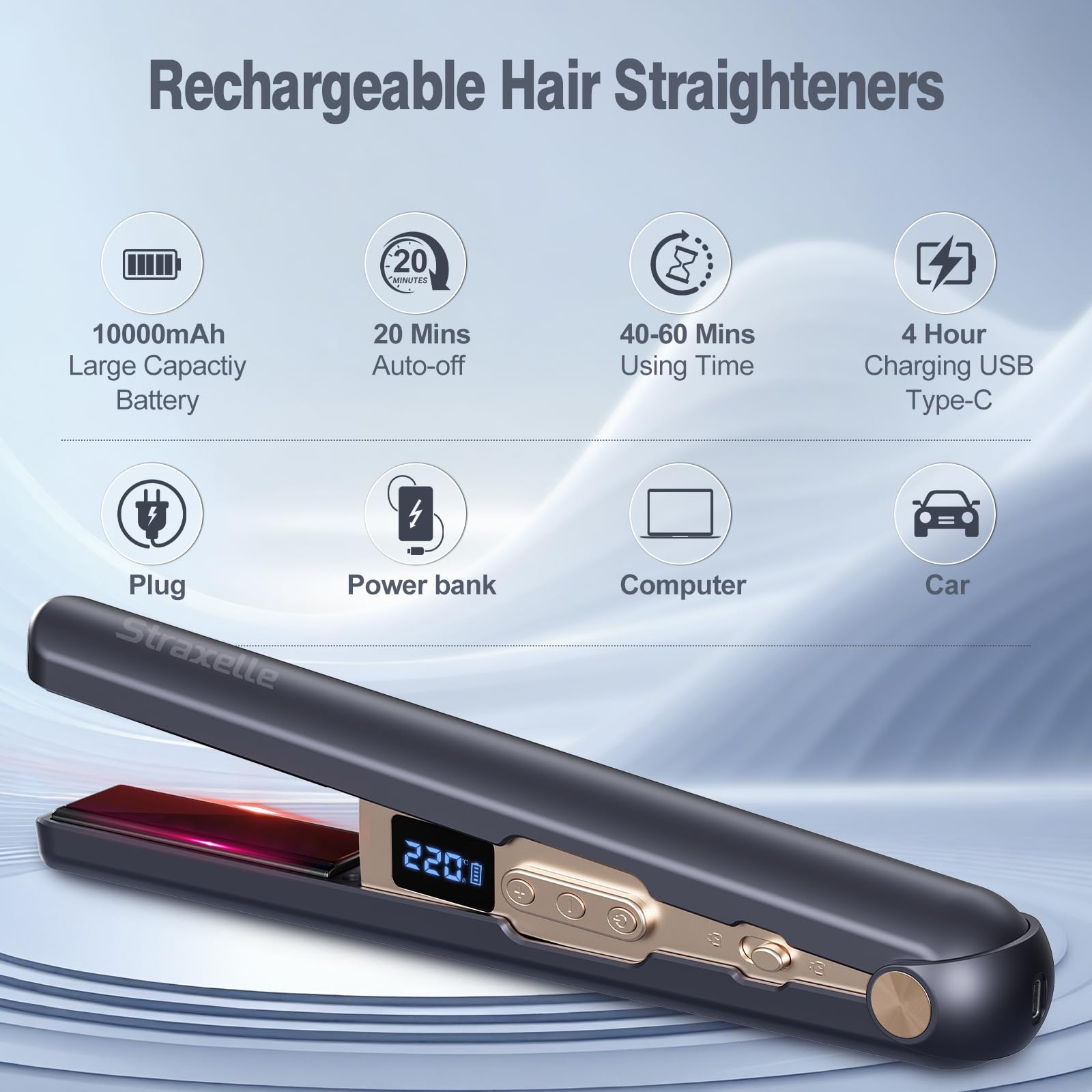 Piastra e Arricciacapelli 2 in 1 Senza Fili, 10000mAh Piastra Capelli, Display LED con 4 Temperature (160°C-220°C), Ioni Negativi Cordless Hair Straightener Senza Fili Ideale per Viaggio (Blu Scuro)
