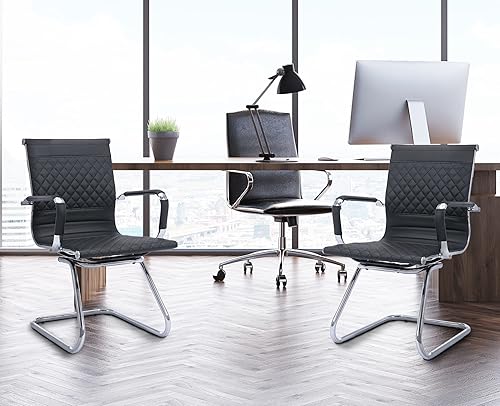 Miniatura 2 de VESCASA Sillas de oficina para invitados con respaldo de diseño de rejilla rombica, sillas de recepción de piel sintética con brazos para sala de