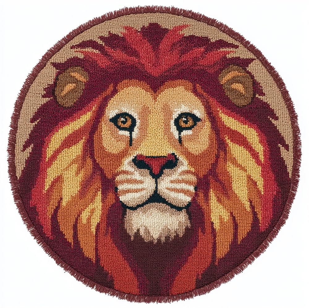 kitphoenix Rug DIY Crafts Yarn Carpet Round Shape Wild Lion Head Brown