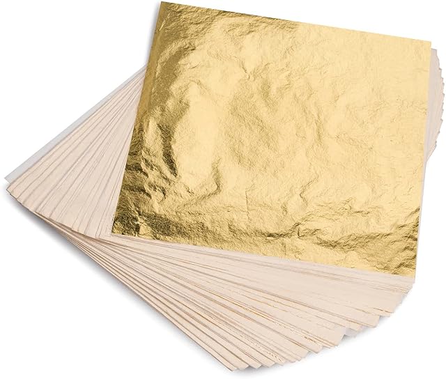 KraftiSky Gold Leaf Sheets - 100 Gold Foil Sheets - 14 x 14 cm Multipurpose Gold Leaf for Nails, Art & DIY Projects, Picture Frames, Home Walls, Interior and Multi Artistic Decoration (Foil)
