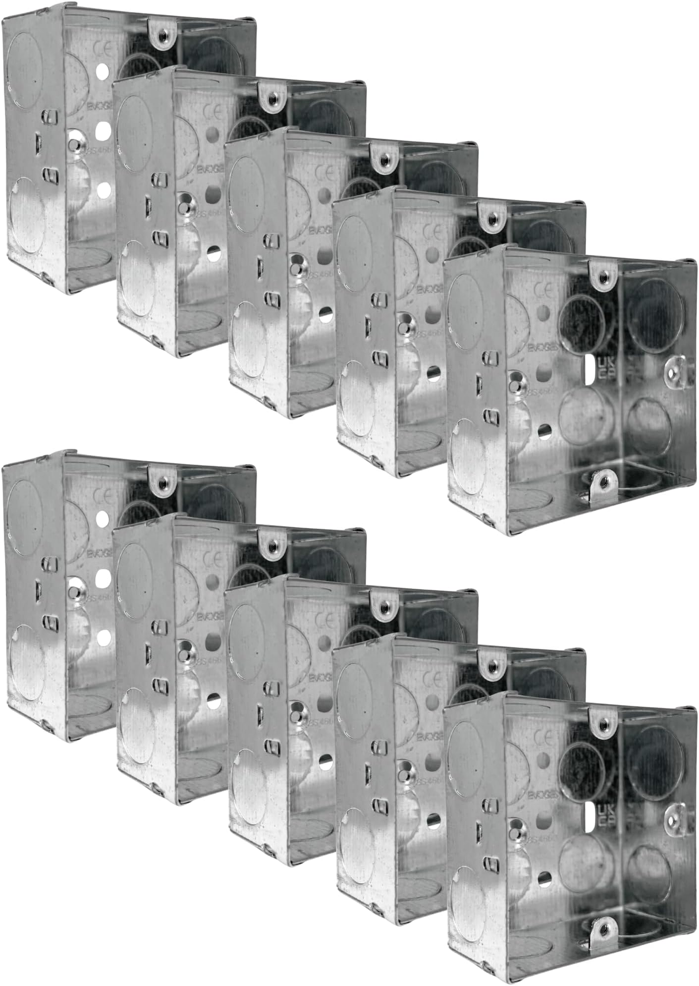 Single Metal Back Box, 35mm, 1 Gang, 1.0mm Thickness for Electrical Sockets Switches, BS4662 Standard, 20mm & 25mm Knockouts, Adjustable Lug, Brass Terminal (10)