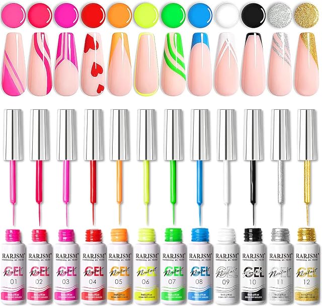 RARJSM Nail Art Gel Nail Polish 8ml Painted Gel Polish Kit 12 Colors Painting Drawing Gel Liner Polish,Pull Line Gel Polish for DIY French Manicure Nail Salon Design,Curing Requires