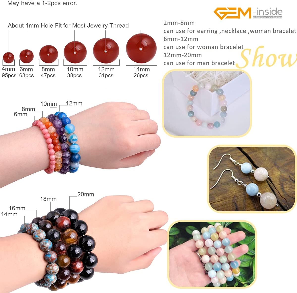 GEM-Inside Natural 14mm Smooth Surface Round Multicolor Morganite Morgan Stone Gemstone Beads for Jewelry Making 15"