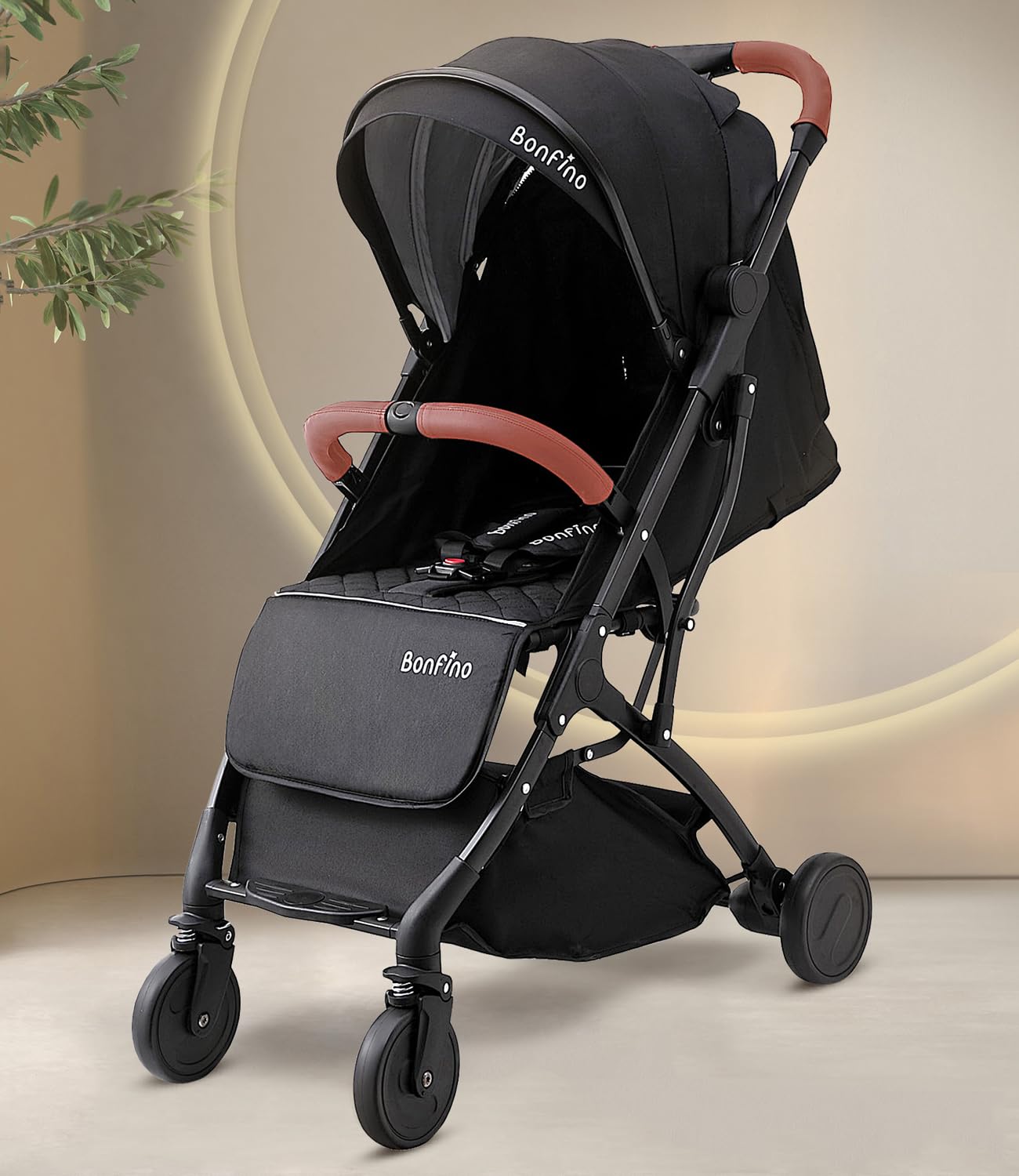 Bonfino Premium Runway Cabin Stroller Adjustable Canopy & Reclining Seat, Foldable Baby Pram with 5 Point Safety Harness, Storage Bag, Mosquito Net & Bottle Holder,Trolley Handle,0-3 Years, Copper Black-image-43