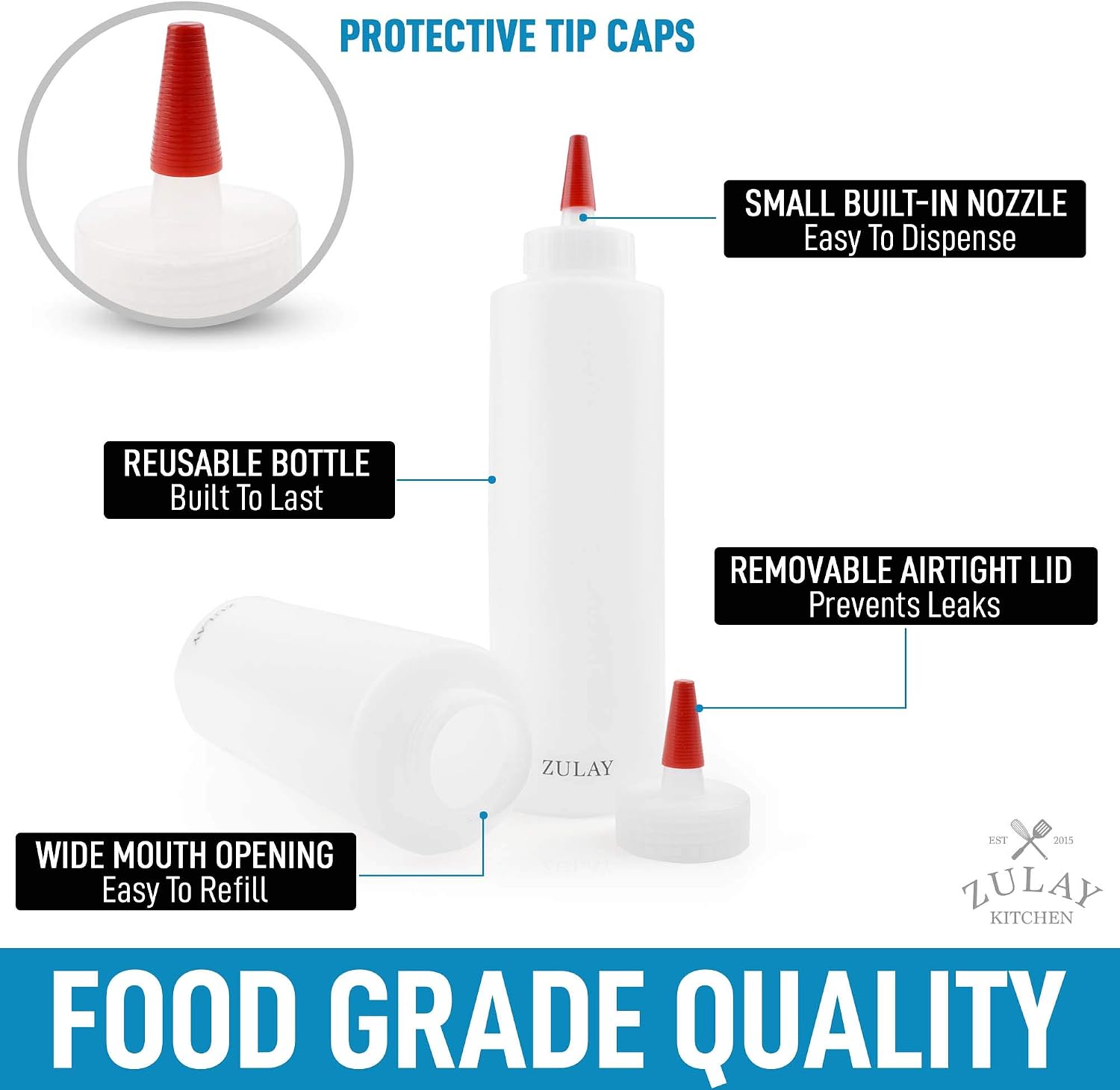Zulay 2 Pack Condiment Squeeze Bottle - 17oz Plastic Squeeze Bottles With Caps - Sauce Bottle With Wide Mouth & Small Pointed Nozzle for Ketchup, Mustard, Olive Oil, Glue, and More
