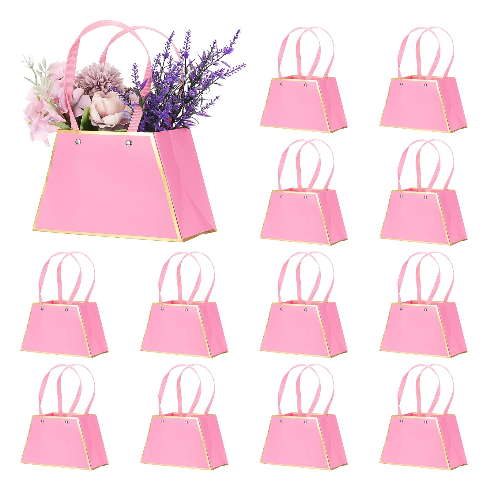PATIKIL Flower Gift Bags (Dark Pink) (12 Pcs) Portable Bouquet Wrapping Bag Paper Bouquet Bag Boxes with Handles for Floral Arrangement/Wedding/Birthday/Party/Christmas
