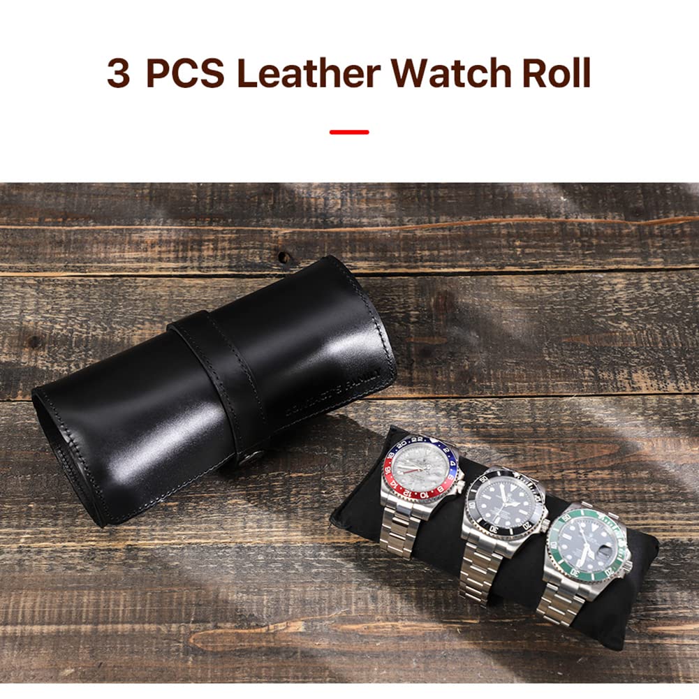 Hiram Genuine Leather Travel Watch Case Roll Organizer - Classic, 3-Watch Roll Case - Black