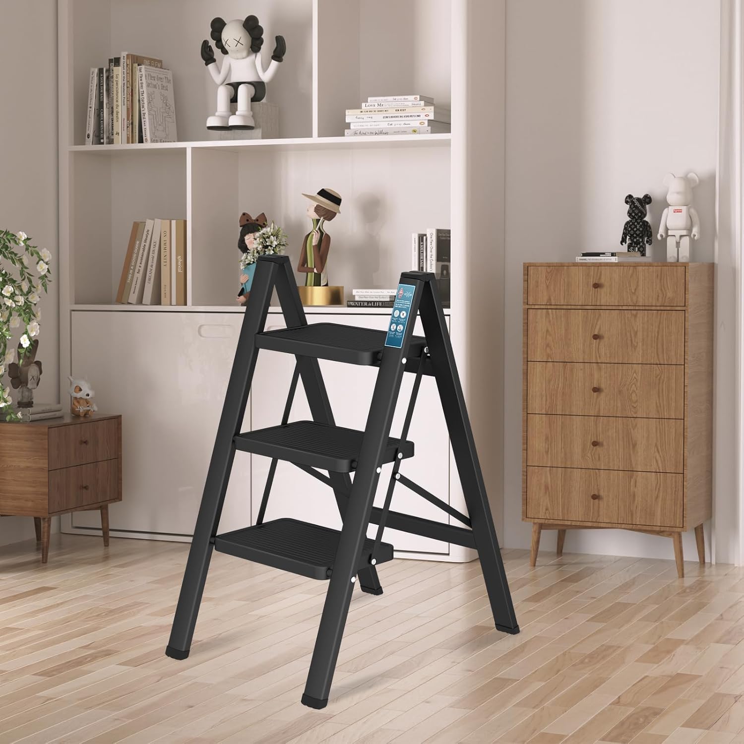 3 Step Ladder, Folding Step Stool with Wide Anti-Slip Thickened Pedal, Foldable Ladder 330 Lbs Capacity, Kitchen Step Stool for Adults, Lightweight Folding Ladder, Black