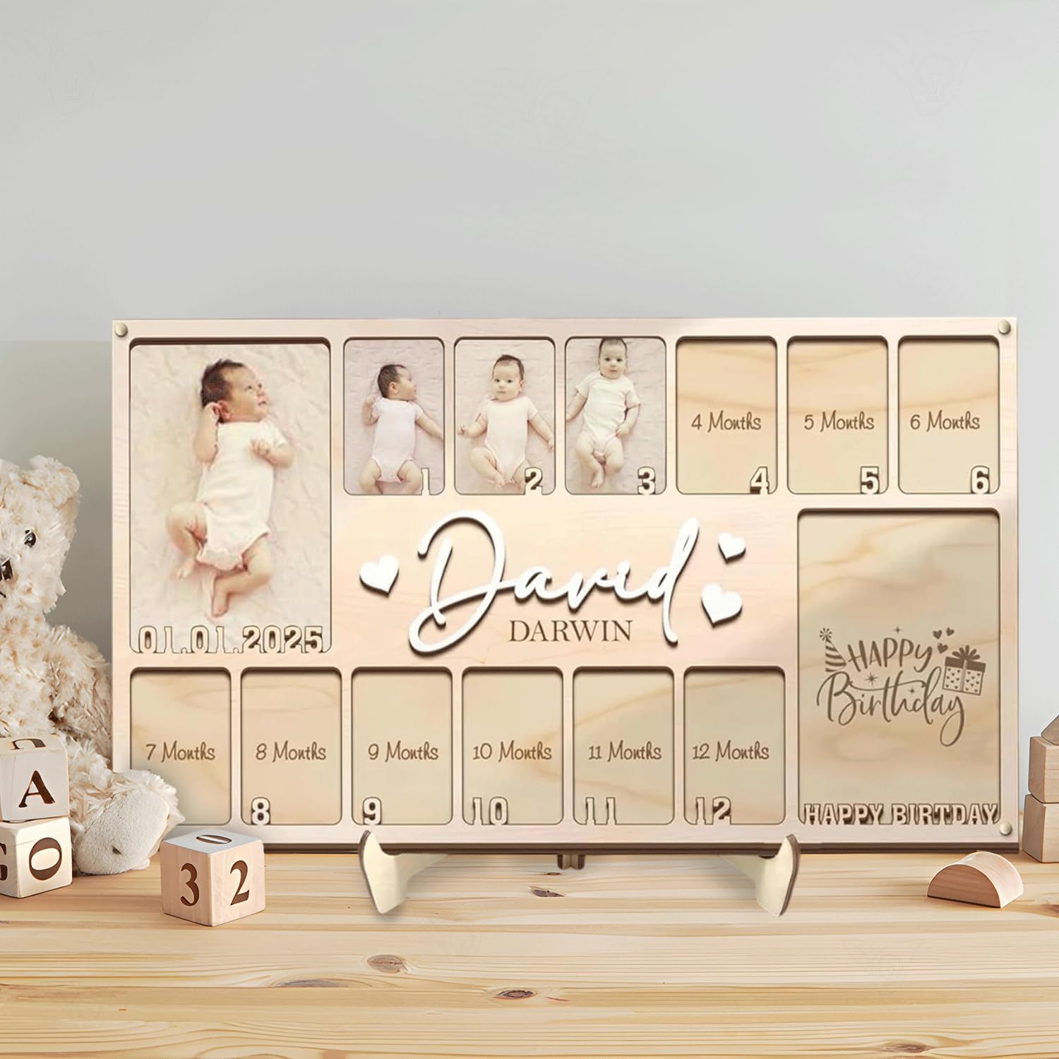 Custom Baby Picture Frame – My First Year Photo Display Board, Personalized Wooden Frame, 1st Birthday Girl Gifts, One Year Old Photo Keepsake Display Frame-3