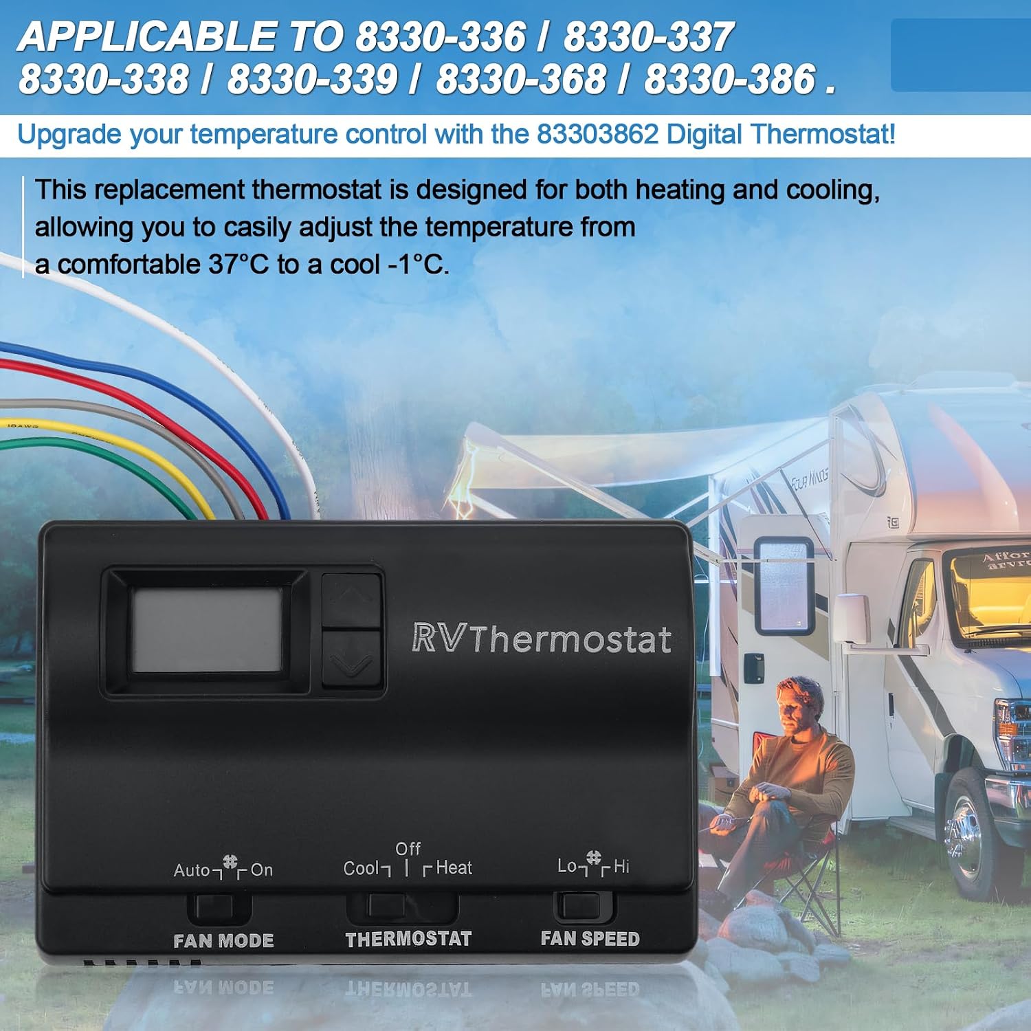 Upgrade 83303862 Digital Thermostat Compatible with Coleman 8330-336 337 338 339 368 386 Thermostat Replacement for Heat/Cool T-Stat Wall Thermostat Provide Detailed Wiring Instructions（Black