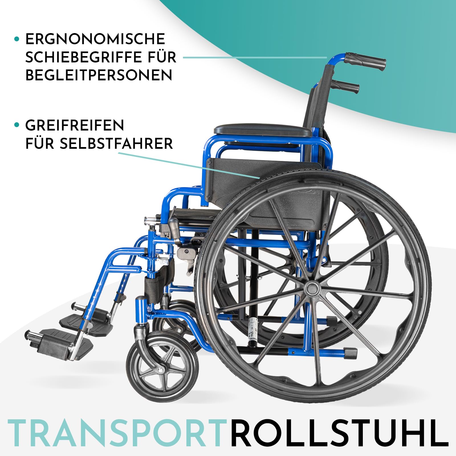 Rollstuhl RIO - Transportrollstuhl faltbar 40 cm Sitzbreite | Leichter Greifreifen-Rollstuhl mit Schiebegriffen - klappbare Fußstützen & Armlehnen, ideal als Reiserollstuhl, bis 130 kg