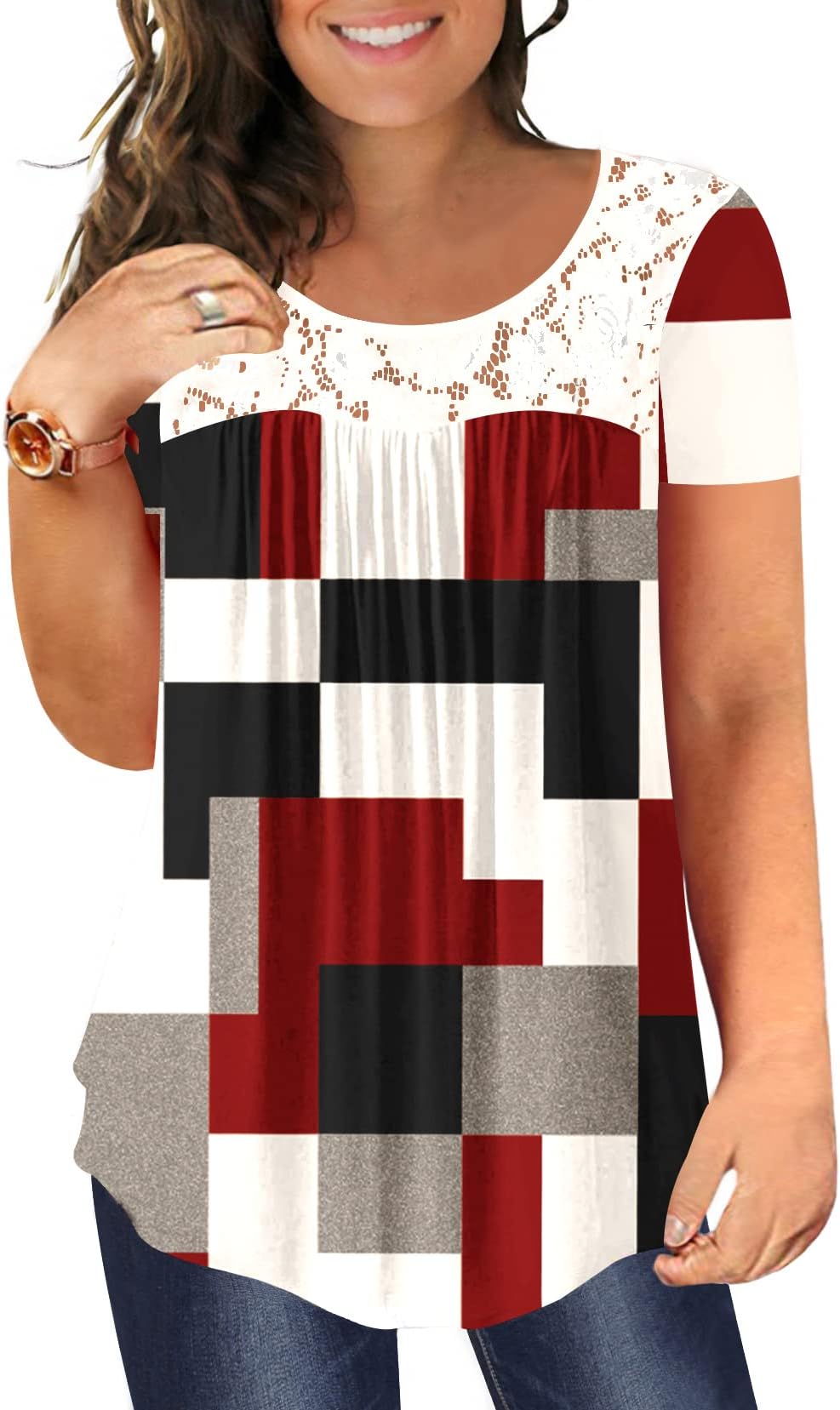 BeadChicaPlus Size Women's Casual Tunic Tops To Wear With Leggings Loose TShirts Ruched Flowy Lace Blouses Summer
