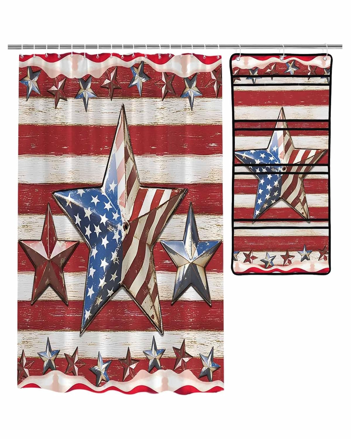 ZFUNCING Shower Curtain Mesh Shower Organizer Set Independence Day American Star Waterproof Bath Curtains Hanging Shower Caddy Bathroom