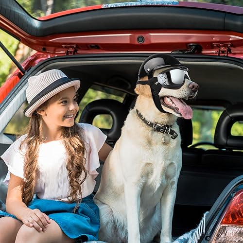 Miniatura 7 de Juego de 2 lentes de sol para perro y casco para mascotas con gafas para perro, protección contra el polvo, el viento, protección UV, casco de perro
