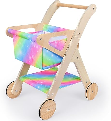 FIOBEE Carrito de compras para niños Carrito de compras de juguete con cesta Juguetes de madera para bebés, carrito de comestibles para niños y