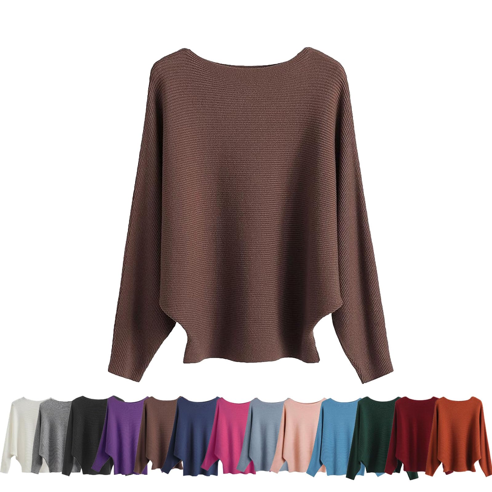 Womens Boat Neck Bat Sleeve Knitted Sweater Bat Wing Sweater Women Lightweight Loose Warm Pullover