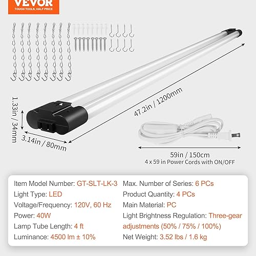 Miniatura 7 de VEVOR Paquete de 4 luces LED para tienda, 4 pies, 40 W, lámpara de tienda enlazable, superficie de 4500 lm y luces de techo colgantes de 59 pulgadas
