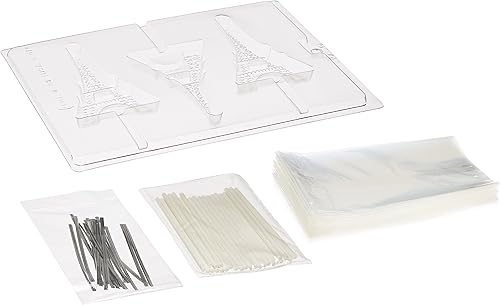 Cybrtrayd Torre Eiffel Miscellaneous Chocolate Candy Mold, Molde + 25 palillos, bolsas de celofán, lazos de torcedura plateados, Transparente