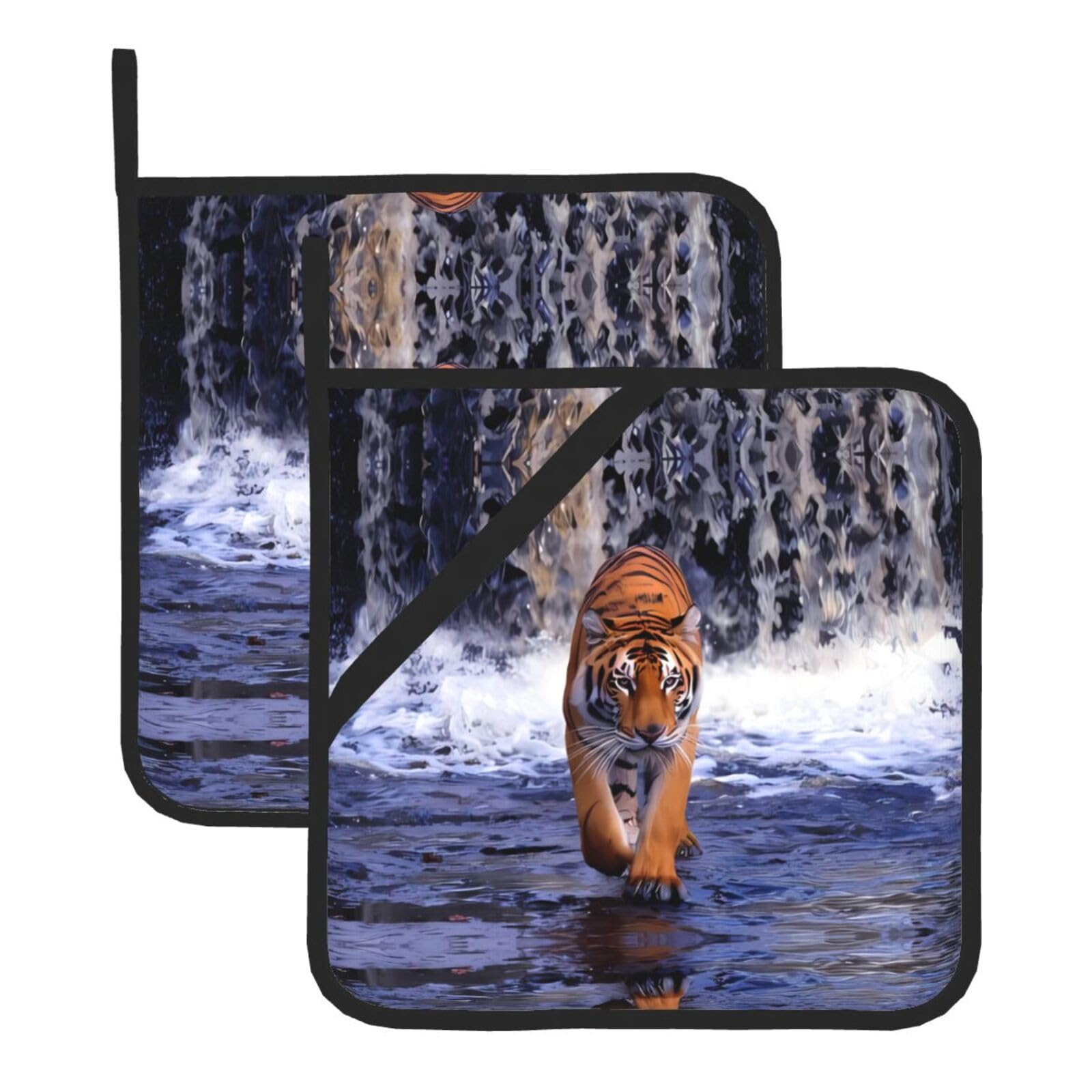 HJFCZH river tiger Prints Square Hot Pads for Kitchen - Waterproof Heat Resistant Potholders, Thick Trivet Covers with Hanging Loops, Oven & Grill Dish Protectors (2-Pack)