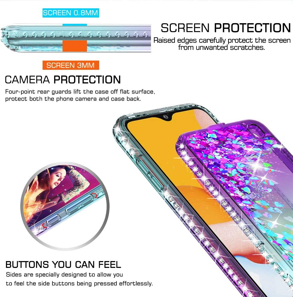 LeYi Compatible with Samsung Galaxy A01 Case with 2PCS Tempered Glass Screen Protector for Girls Women, Glitter Cute Clear Phone Case for Samsung A01, Gradient Teal/Purple