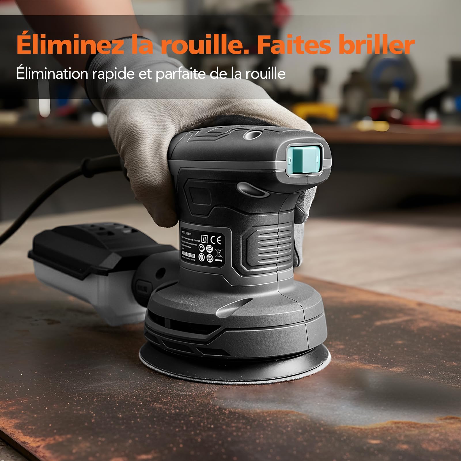 Ponceuse Orbitale Excentrique 320W, 6 Vitesses Réglables (8000–13000 tr/min), Plateau de Ponçage 125mm, 16 Disques Abrasifs, Ponceuse Électrique pour Bois et Métal avec Câble 3m