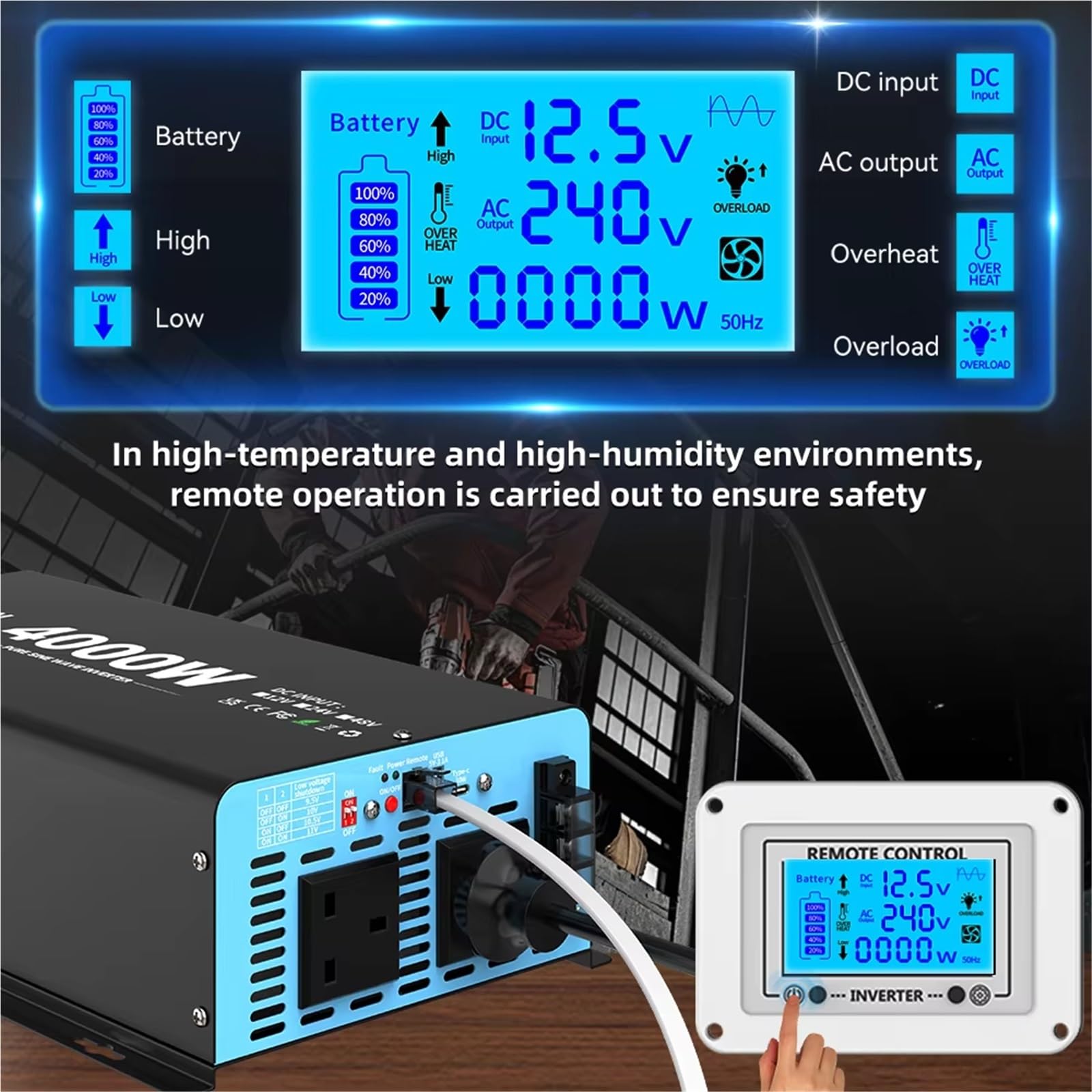 Inversor Inversor De Onda Sinusoidal Pura (Reino Unido) 3000W CC 12V/24V CA 240V Convertidor Frecuencia 50 Hz, Inversor Solar para Coche Transformador Onda sinusoidal modificada