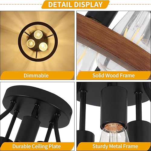 Miniatura 3 de Moderna lámpara de techo semiempotrada de madera de granja, accesorios de luz de entrada de pasillo, lámpara de techo industrial rústica de 3 luces
