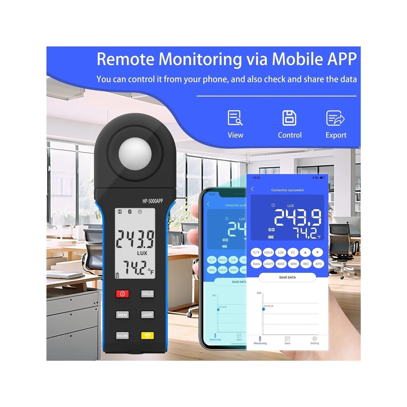 Luxmetro ad Alte Prestazioni con App e, Versatile, preciso e Ricco di funzionalità for la misurazione e l'analisi a Luce Professionale(HP-5000APP)