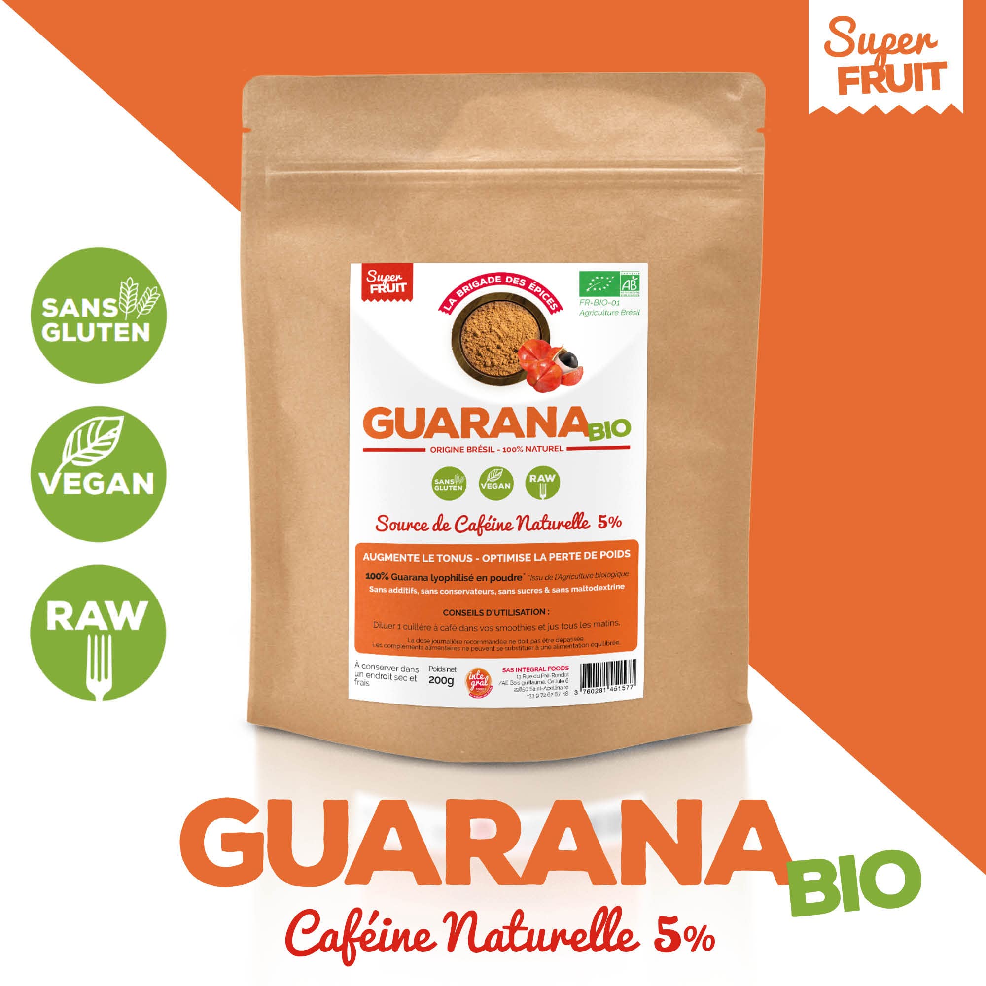La Brigade des Épices - Guarana BIO lyophilisé en poudre - 200g - 5% de Caféine NATURELLE – SANS maltodextrine & SANS Additifs – Origine BRÉSIL - Conditionné en France I TONIFIANT