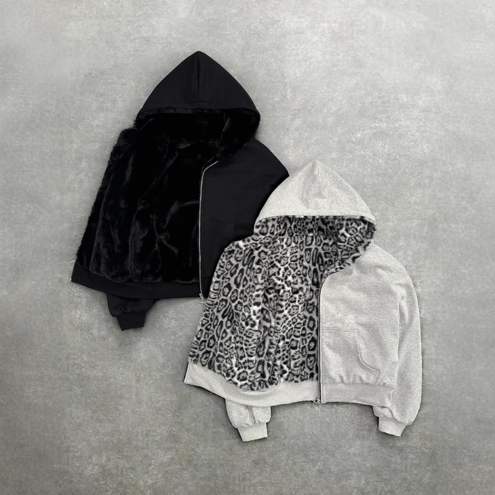 CUTEGAL Kapuzenpullover mit Reißverschluss, übergroß, Leopardenmuster, wendbar, Streetwear, Herbst-Grunge-Hoodies, Streetwear